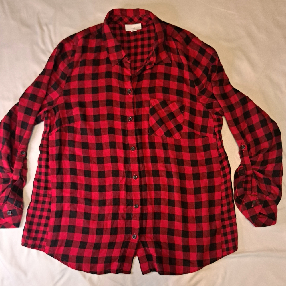 J. Jill‎ Pet S Red/Blk Buffalo Plaid Button-Up Cabincore Grunge Moto Punk Rustic